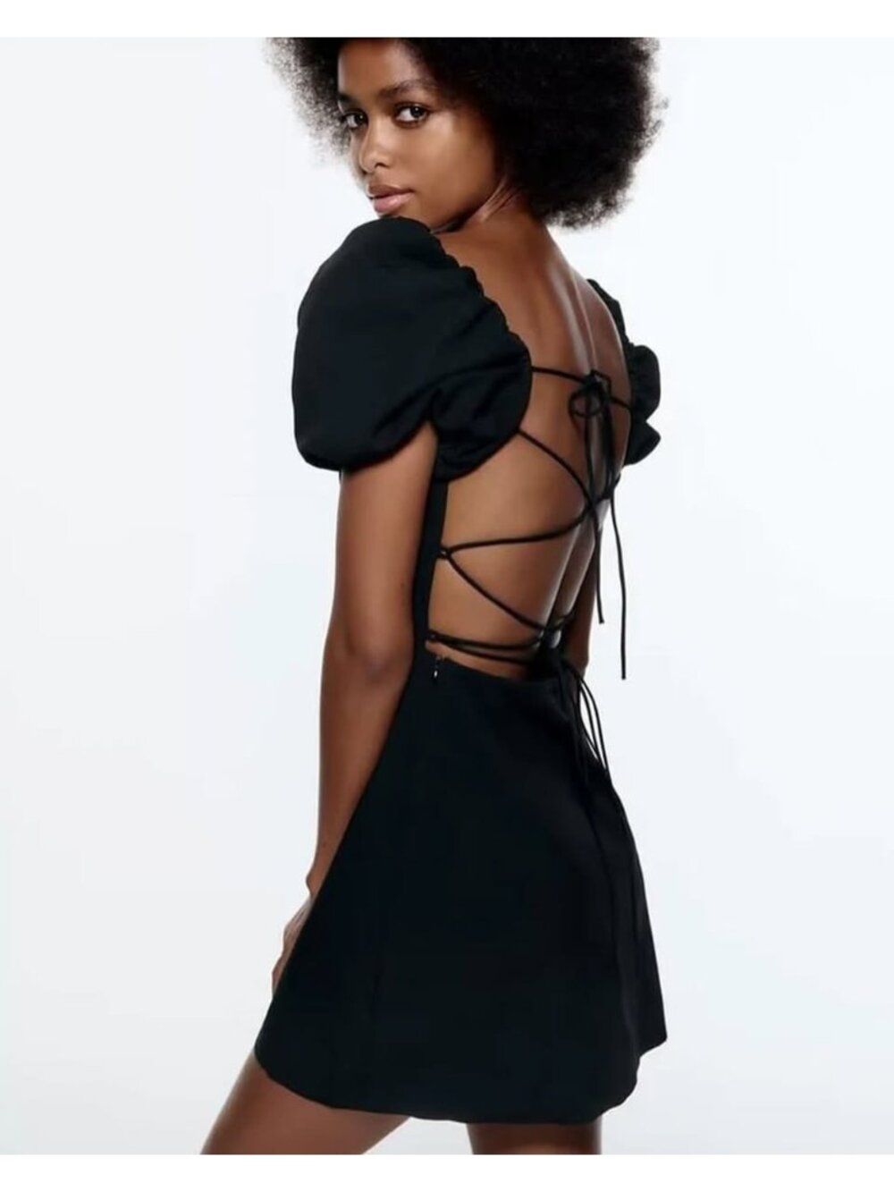 ZARA Puff Sleeve Linen Square Neck Open Back Mini Dress Sz M Black